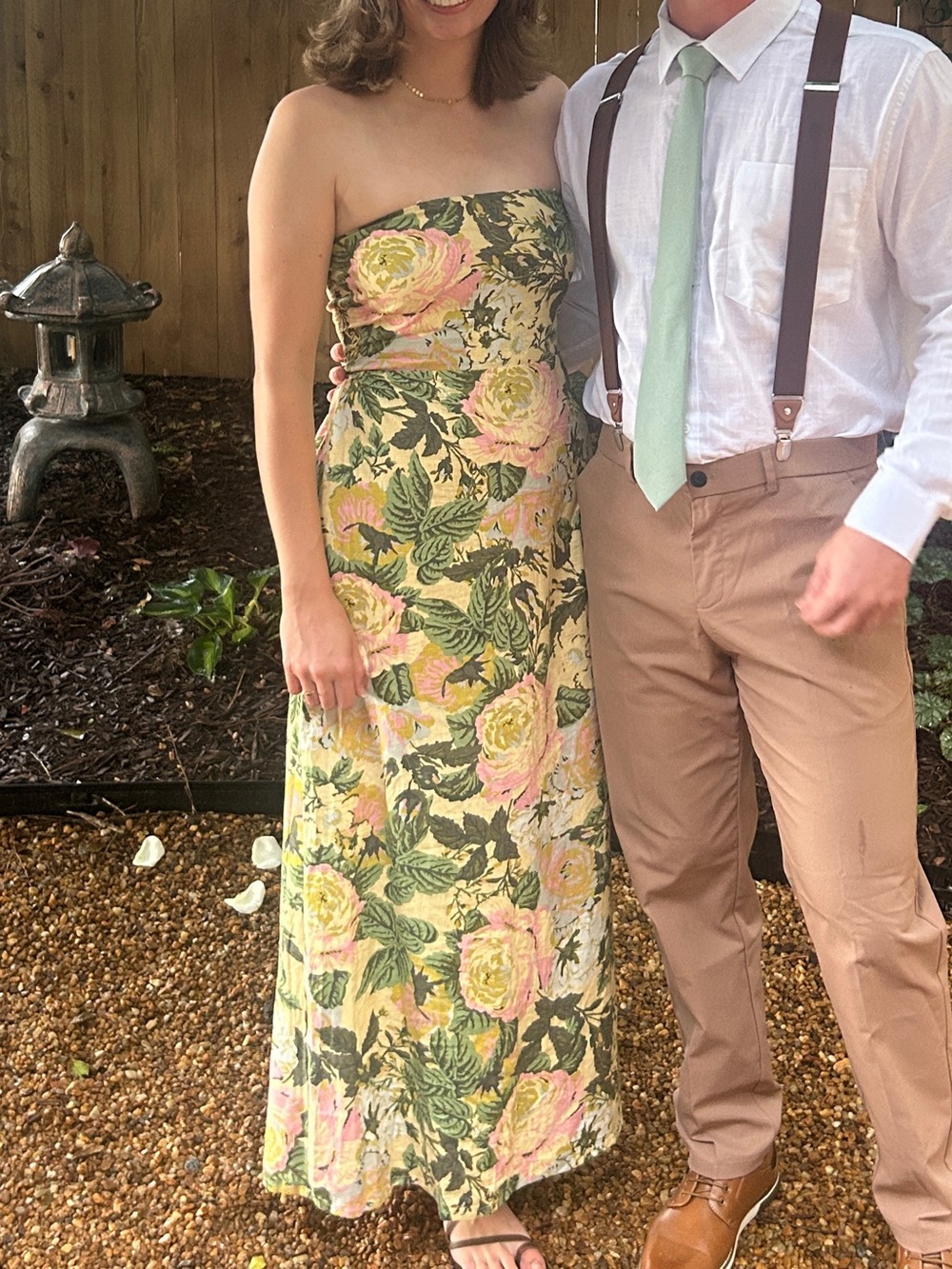 Olivaceous Floral Strapless Maxi Dress in Yellow, Pink and Green